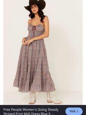 Free People Striped Blue and Brown Tiered Midi Dress